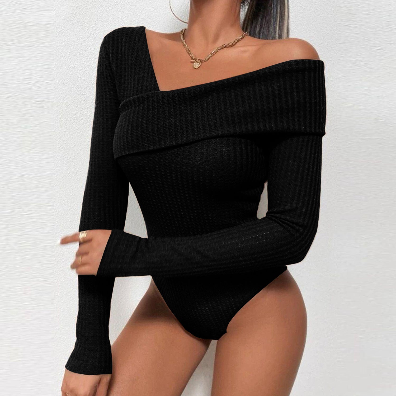 Laie - Blusa Enterizo Casual Manga Larga Unicolor de Punto Hombro Descubierto Primavera Verano Para Mujer Negro