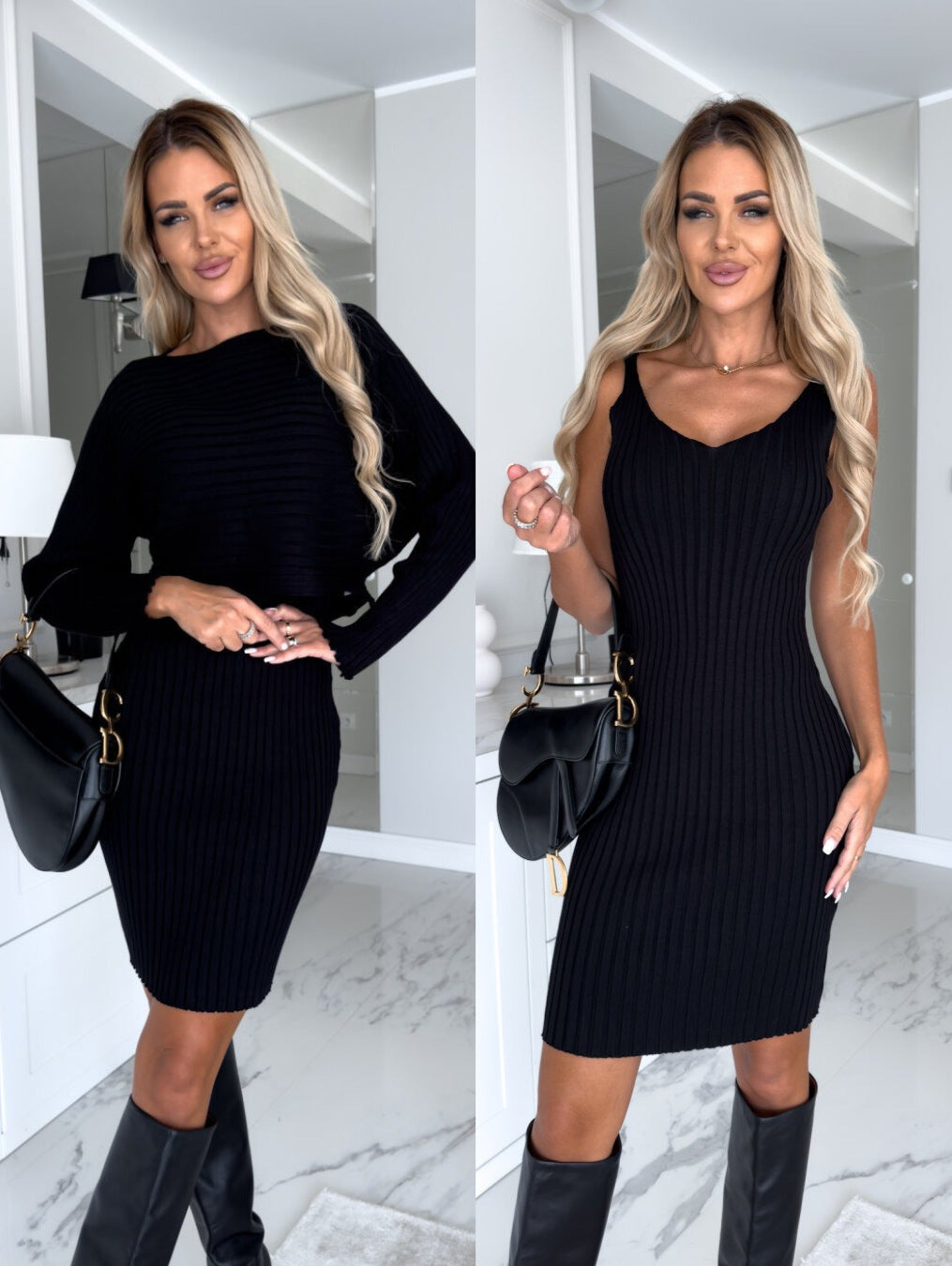 Micaela - Conjunto de Vestido Midi y Top Corto Manga Larga de Punto Acanalado Ajustado Primavera Verano Para Mujer Negro