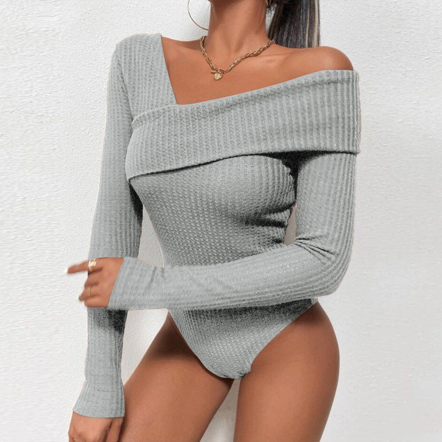 Laie - Blusa Enterizo Casual Manga Larga Unicolor de Punto Hombro Descubierto Primavera Verano Para Mujer Gris