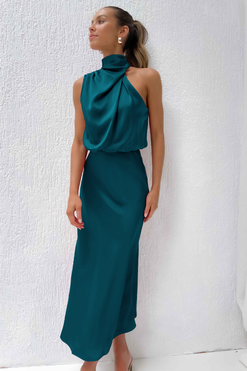 Luzielle Midi – Vestido midi elegante con escote asimétrico para mujer moderna