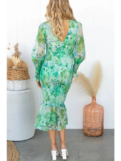 Vestido midi con escote en V y mangas abullonadas – SIGRÉ