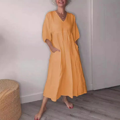 Vestido midi casual con escote en V y bolsillos para mujer – LUCIA