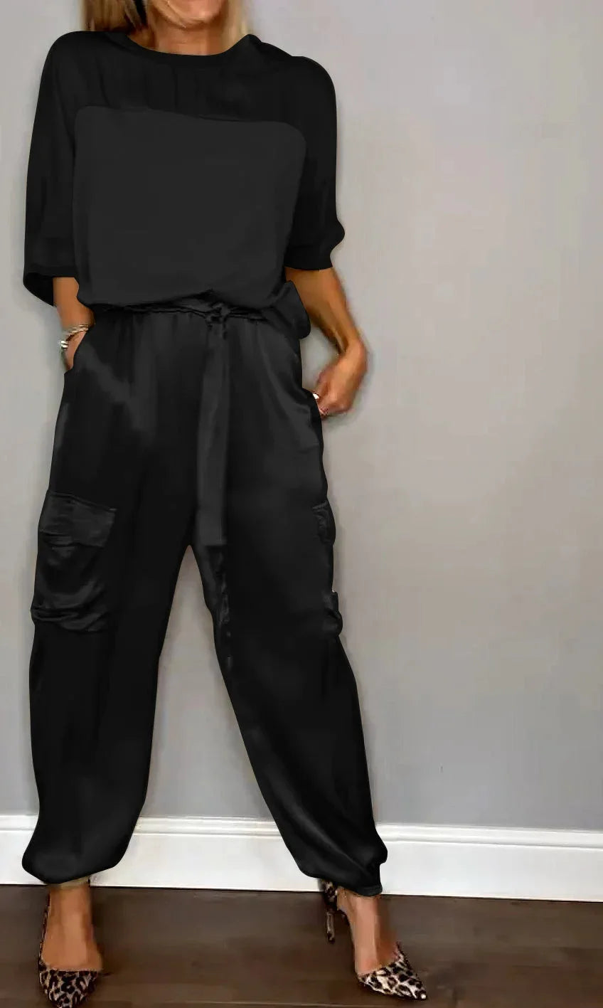 Conjunto satinado de dos piezas para mujer con top suelto y pantalón cargo – KALIA