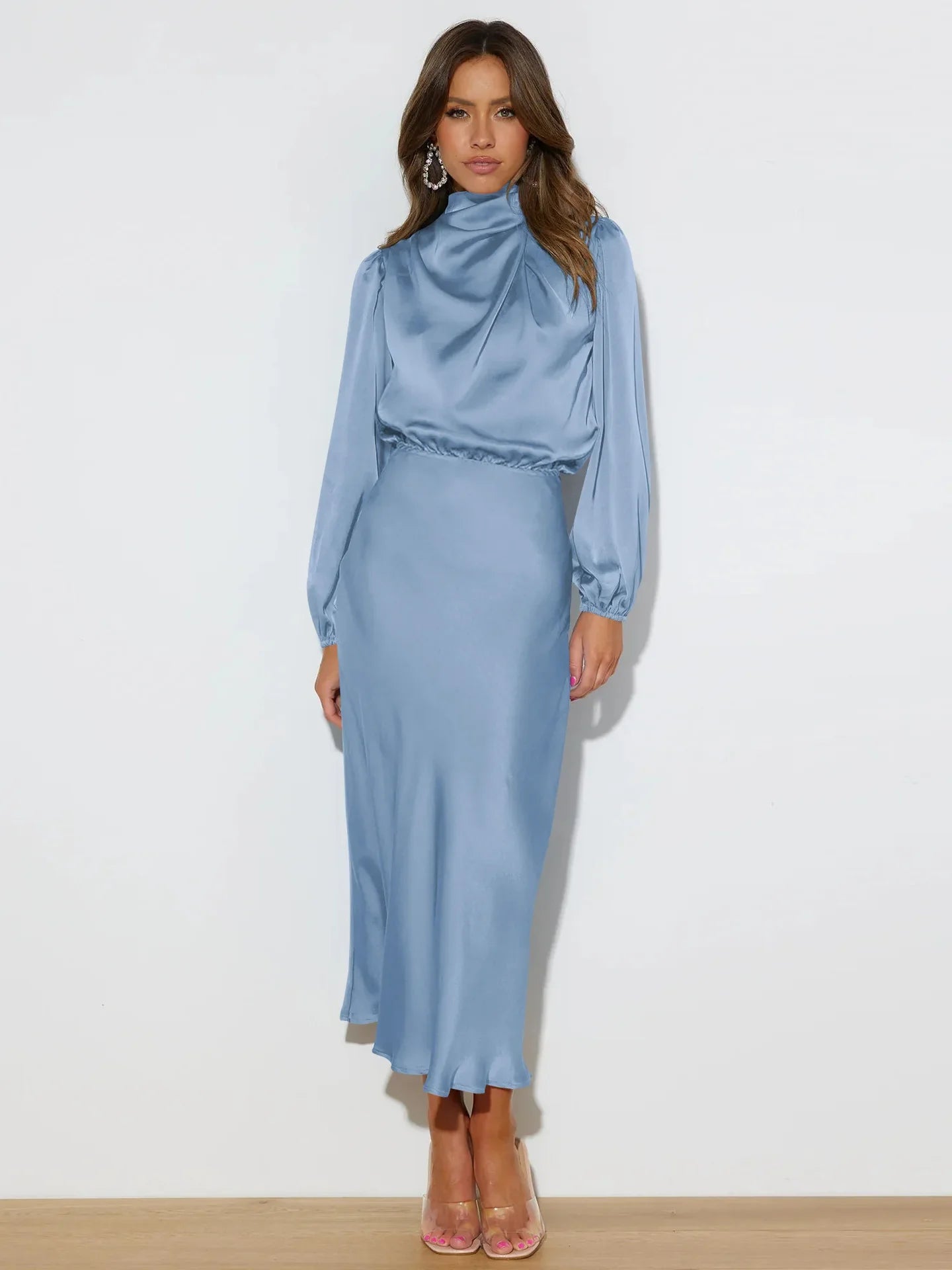 Vestido midi con cuello alto y mangas largas para mujer – VERIE