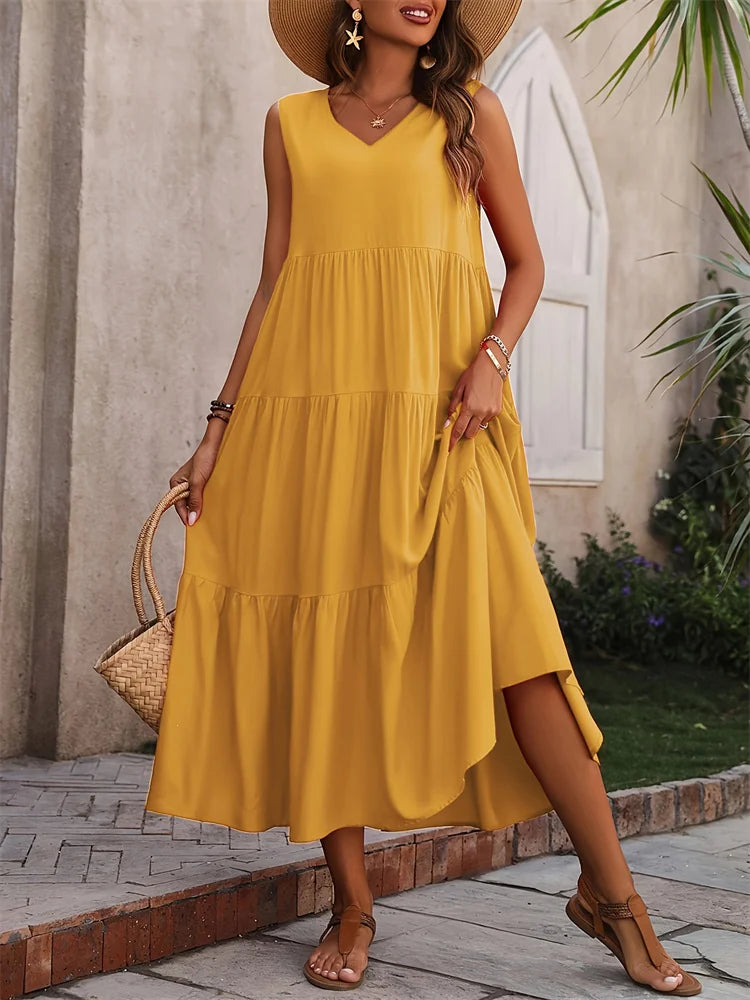 Vestido de verano sin mangas con escote en V y corte A – AROA