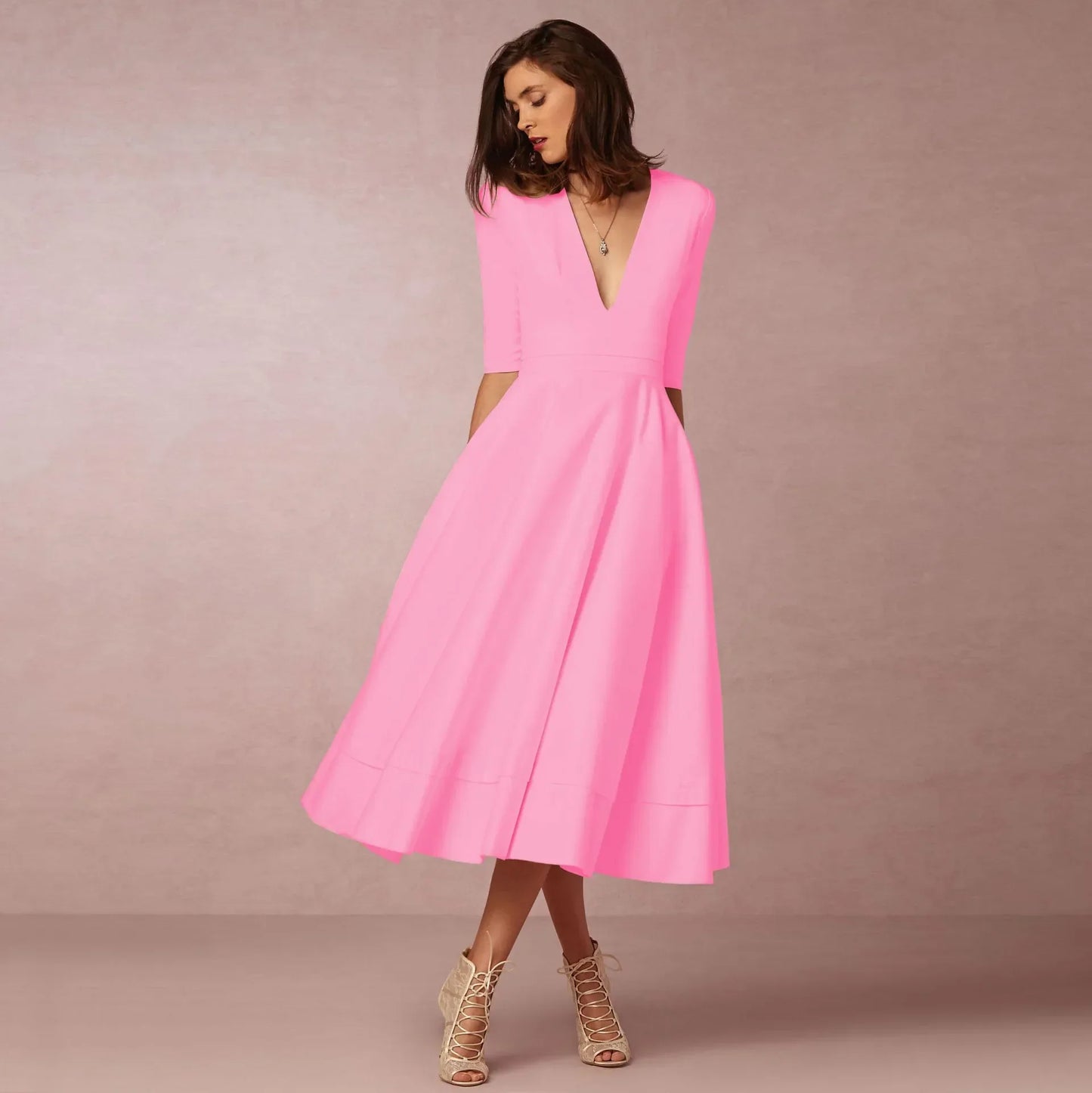 Vestido midi con escote en V y mangas al codo para mujer – MARIELA