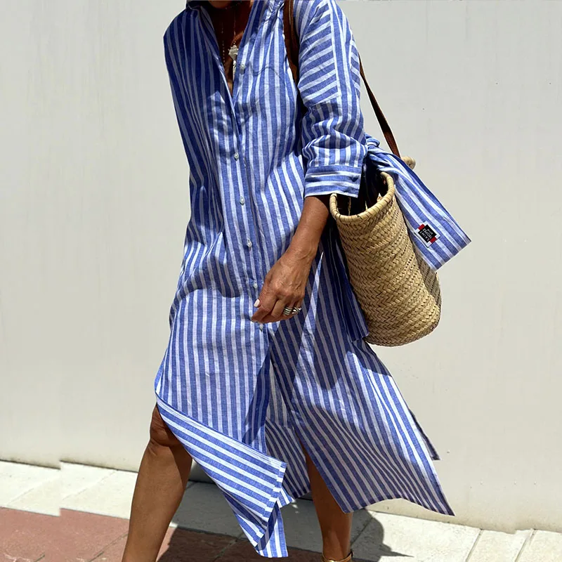 Vestido camisero de algodón con rayas y corte relajado – KARELIA