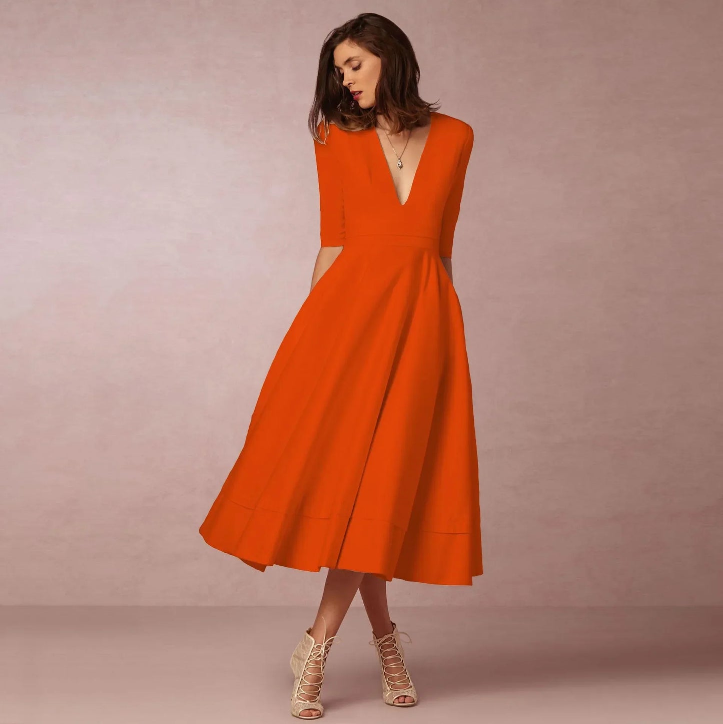 Vestido midi con escote en V y mangas al codo para mujer – MARIELA