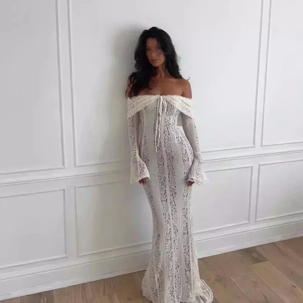 Vestido maxi con hombros descubiertos y mangas largas – HOSEFA