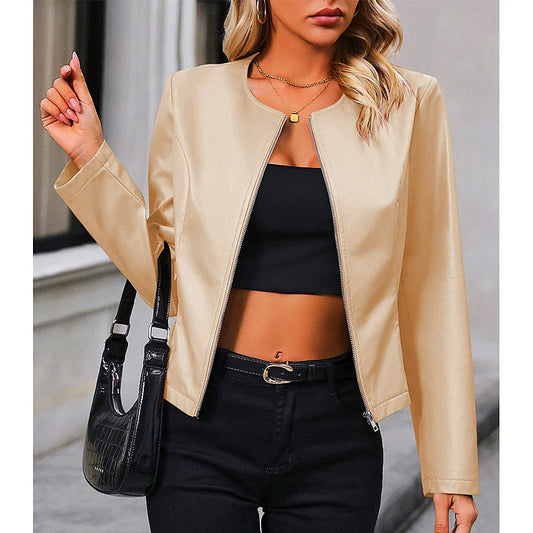 Cazadora biker moderna para mujer con cuello redondo – SANDRA