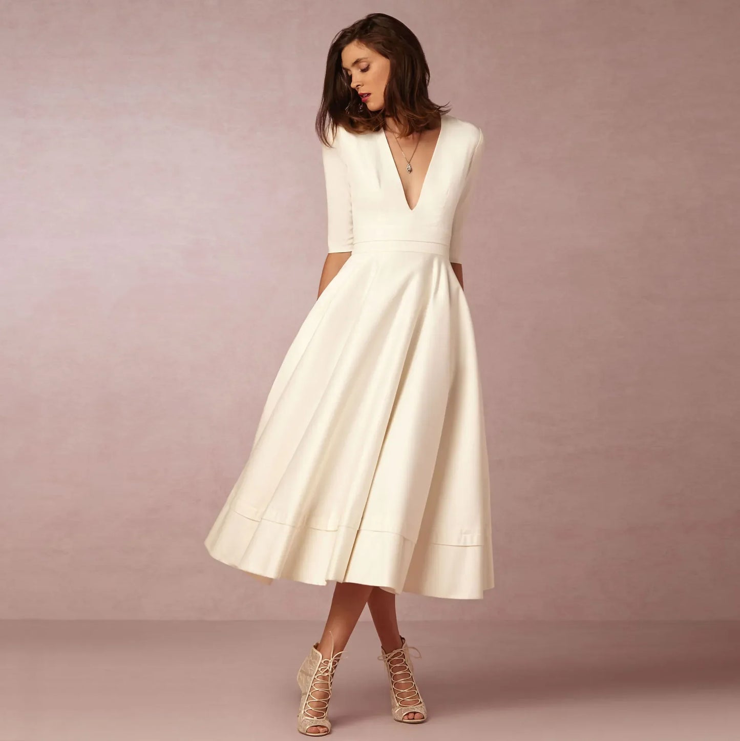 Vestido midi con escote en V y mangas al codo para mujer – MARIELA