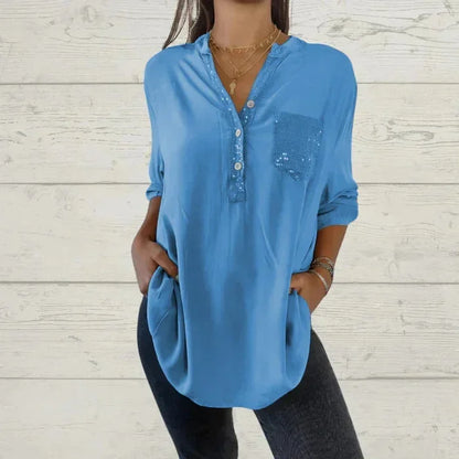 AMARA - Blusa casual con botones y detalles de lentejuelas para mujer