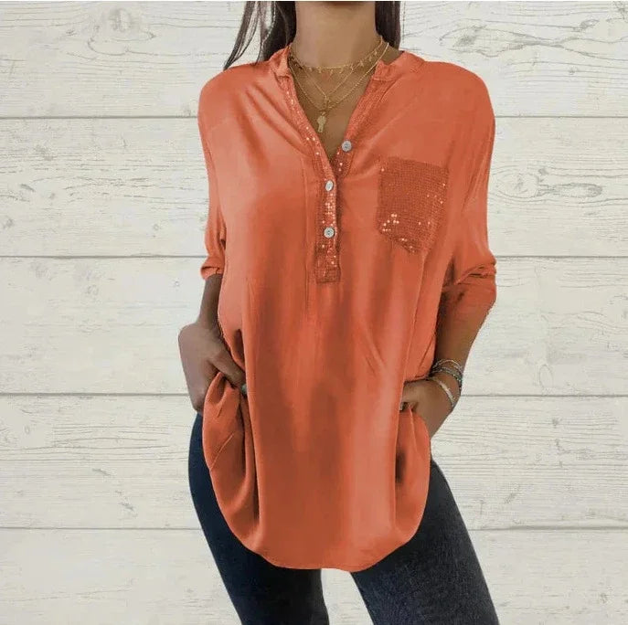 AMARA - Blusa casual con botones y detalles de lentejuelas para mujer