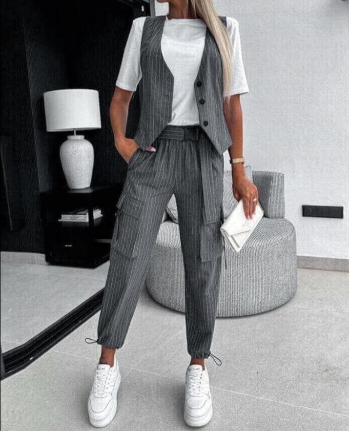 Conjunto de dos piezas con chaleco y pantalón a rayas para mujer – NALYA