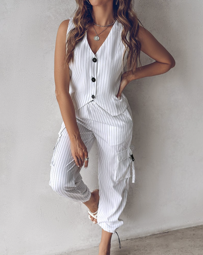 Conjunto de dos piezas con chaleco y pantalón a rayas para mujer – NALYA