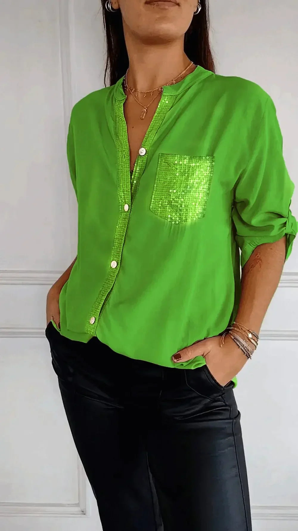 AMARA - Blusa casual con botones y detalles de lentejuelas para mujer