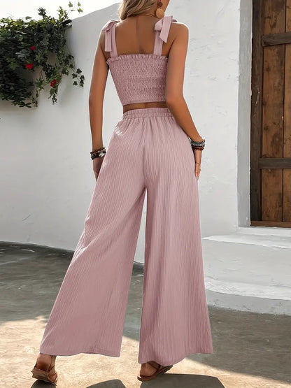 Conjunto veraniego de dos piezas con top fruncido y pantalón ancho – GAILA
