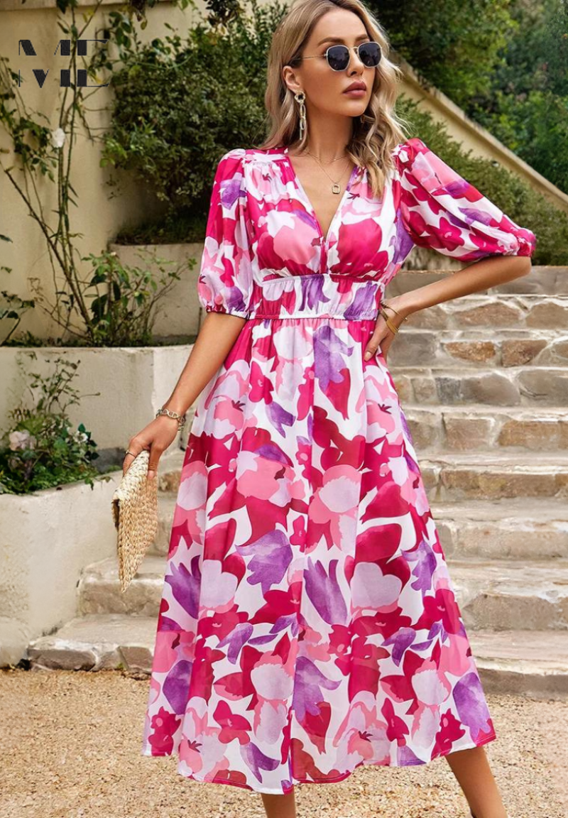 Vestido midi de mujer con escote en V y mangas abullonadas – FATIMA