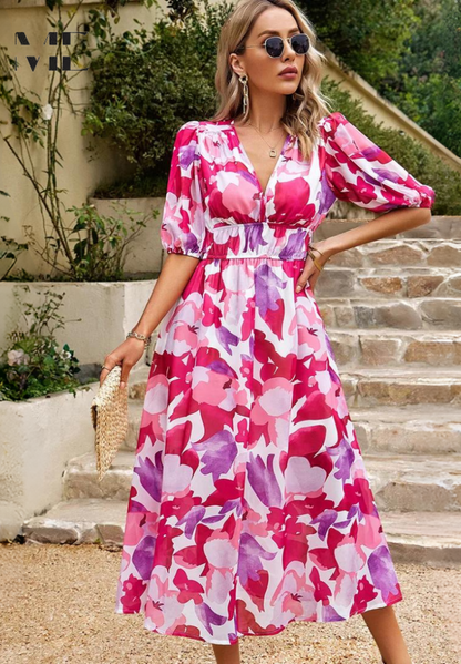 Vestido midi de mujer con escote en V y mangas abullonadas – FATIMA