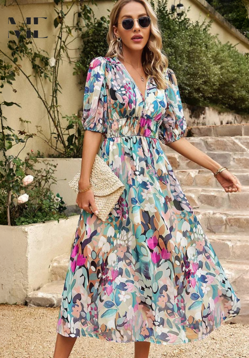 Amal – Vestido midi con escote en V y mangas abullonadas para mujer