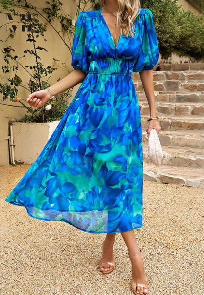 Vestido midi de mujer con escote en V y mangas abullonadas – FATIMA