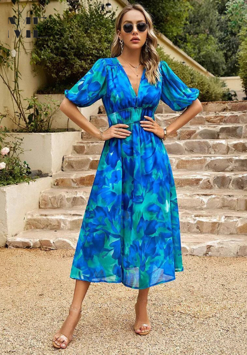 Vestido midi de mujer con escote en V y mangas abullonadas – FATIMA