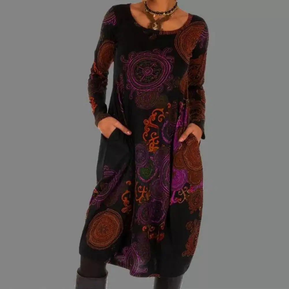 Vestido bohemio midi con mangas largas y estampado único – SIENNA
