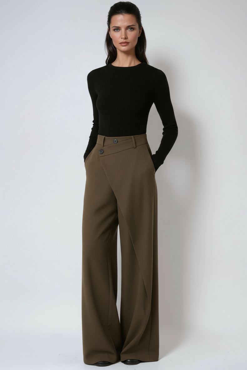 Pantalón fluido de mujer con pierna ancha y diseño cruzado – LÍVORA