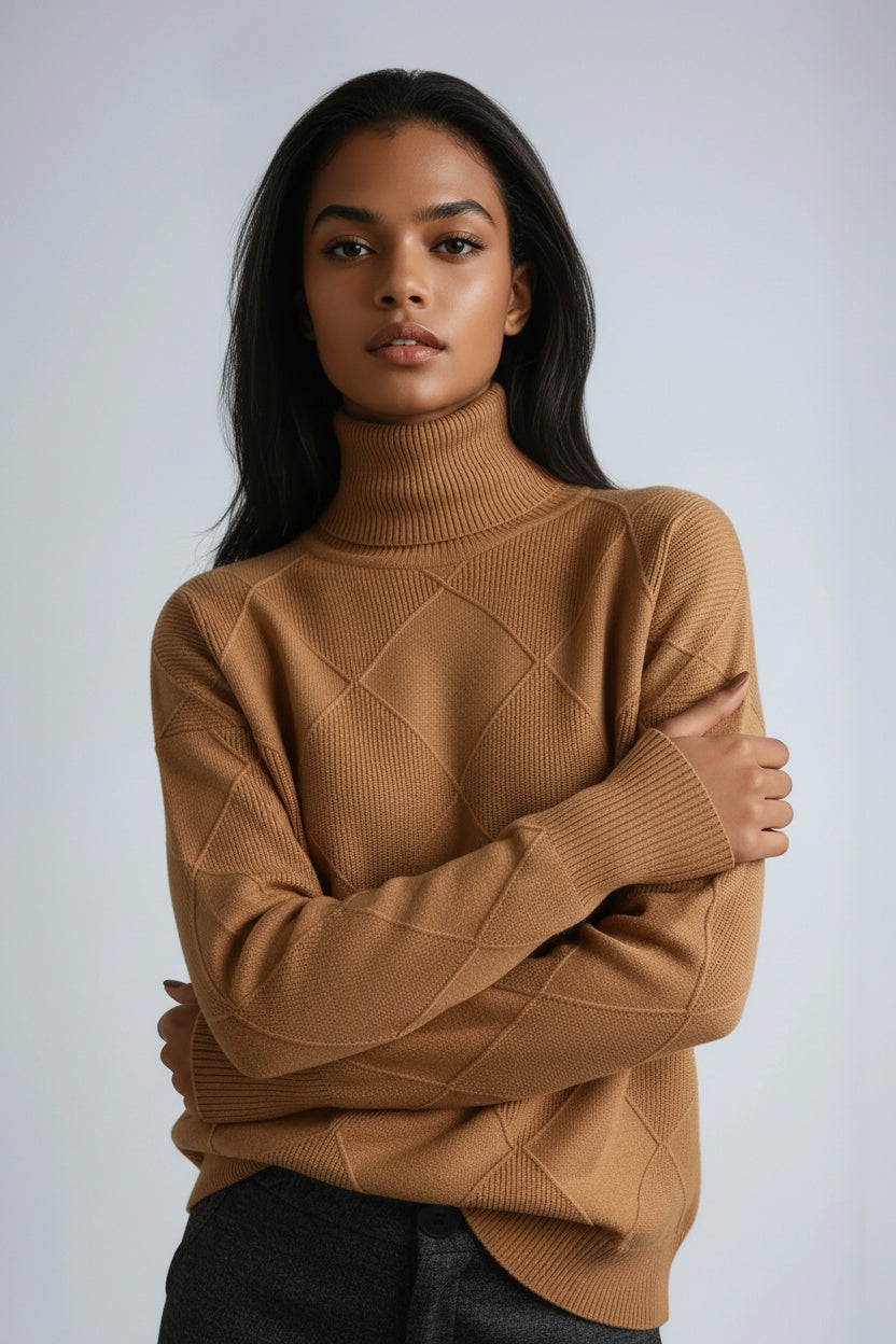 SKYRIA – Jersey de mujer con cuello alto y estampado de cuadros cálido