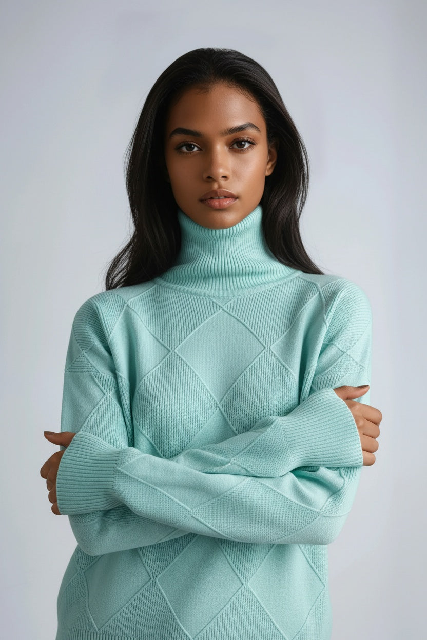 SKYRIA – Jersey de mujer con cuello alto y estampado de cuadros cálido