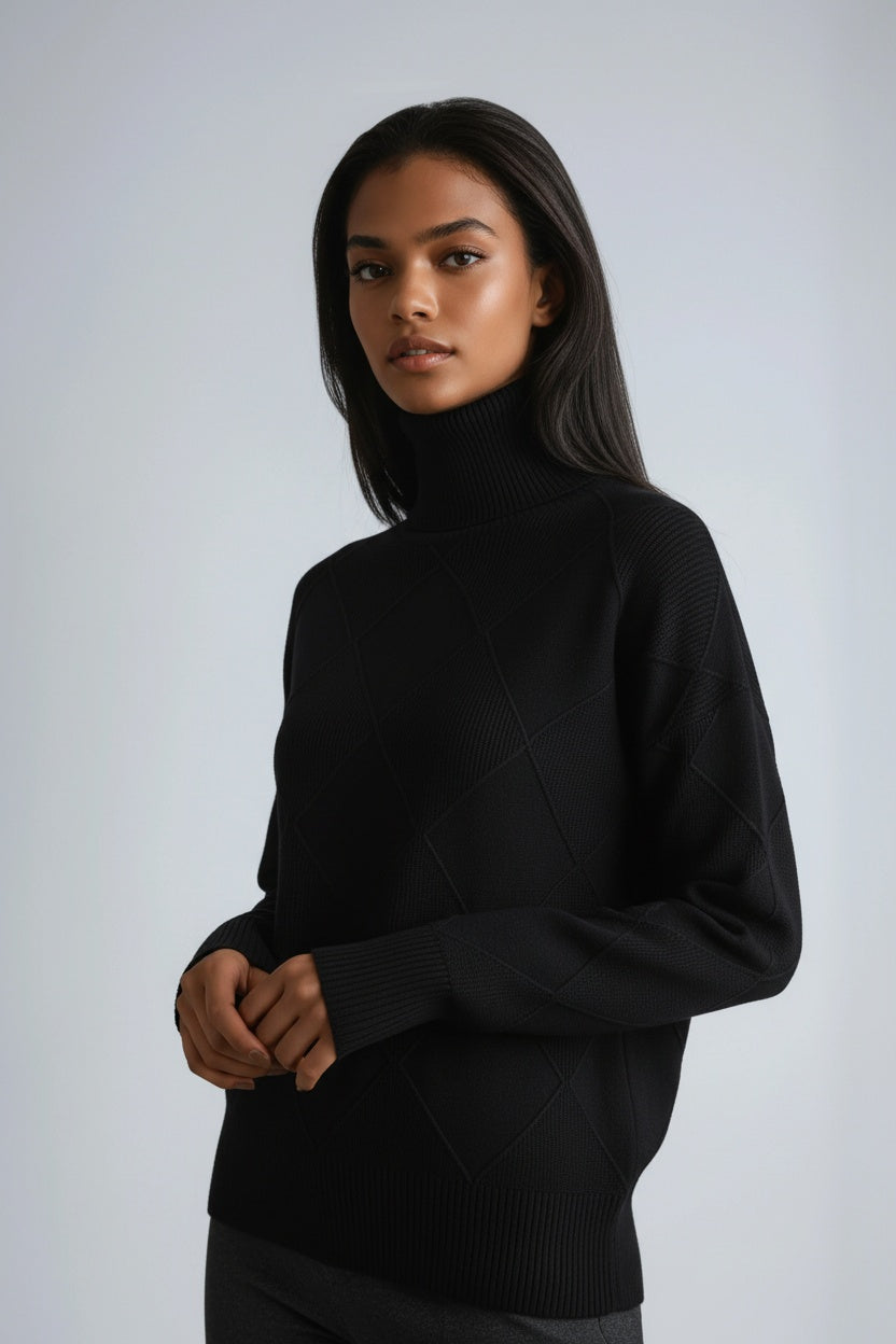 SKYRIA – Jersey de mujer con cuello alto y estampado de cuadros cálido