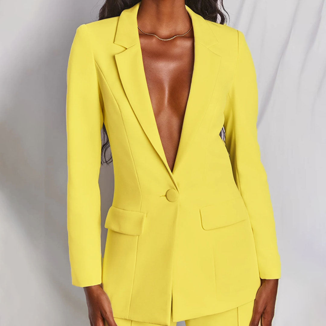 Traje chaqueta entallado para mujer con blazer y pantalón palazzo – ADRIANA