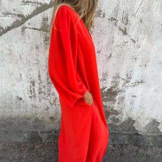 Vestido largo fluido con escote en V y mangas abullonadas – ODESSA