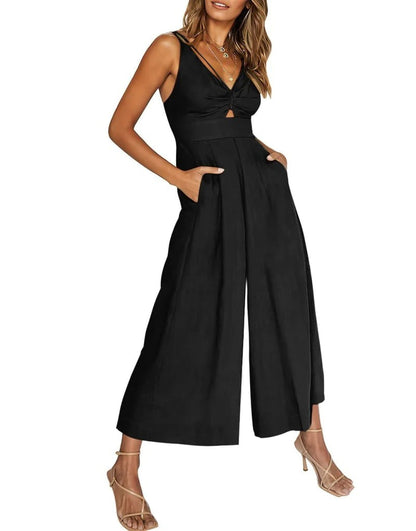 Mono elegante sin mangas con escote en V y pernera ancha – BRIGITTA