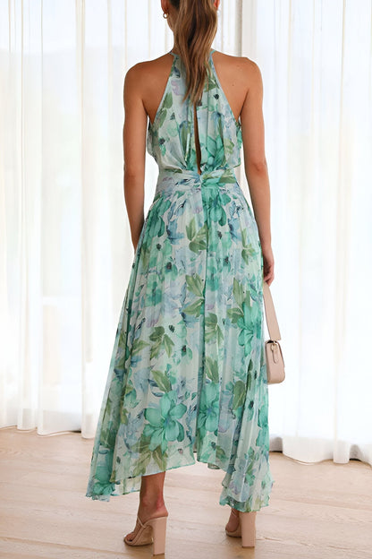Vestido maxi halter con pliegues y estampado floral para mujer – ELARA FLORALISTA