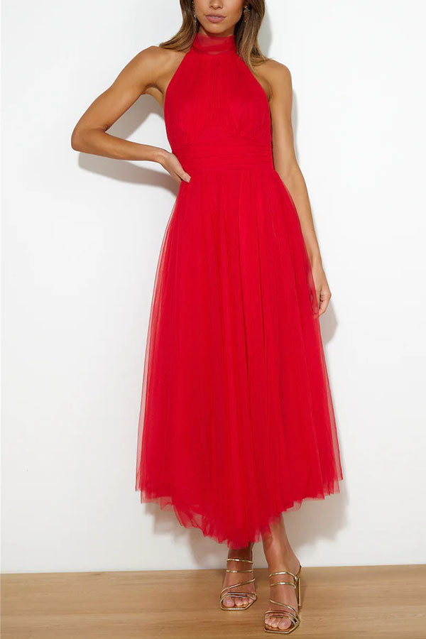Vestido midi con escote halter y falda voluminosa – Lirenza
