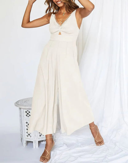 Mono elegante sin mangas con escote en V y pernera ancha – BRIGITTA