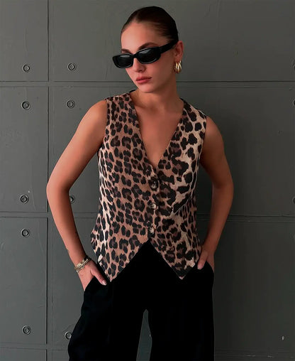 Chaleco entallado con escote en V y estampado animal para mujer – DARIA
