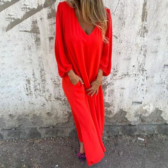 Vestido largo fluido con escote en V y mangas abullonadas – ODESSA