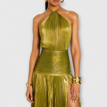 Vestido de noche con cuello alto y abertura lateral – CELESTE