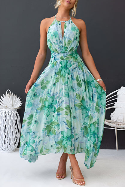 Florencia – Vestido maxi con pliegues y estampado floral para mujer