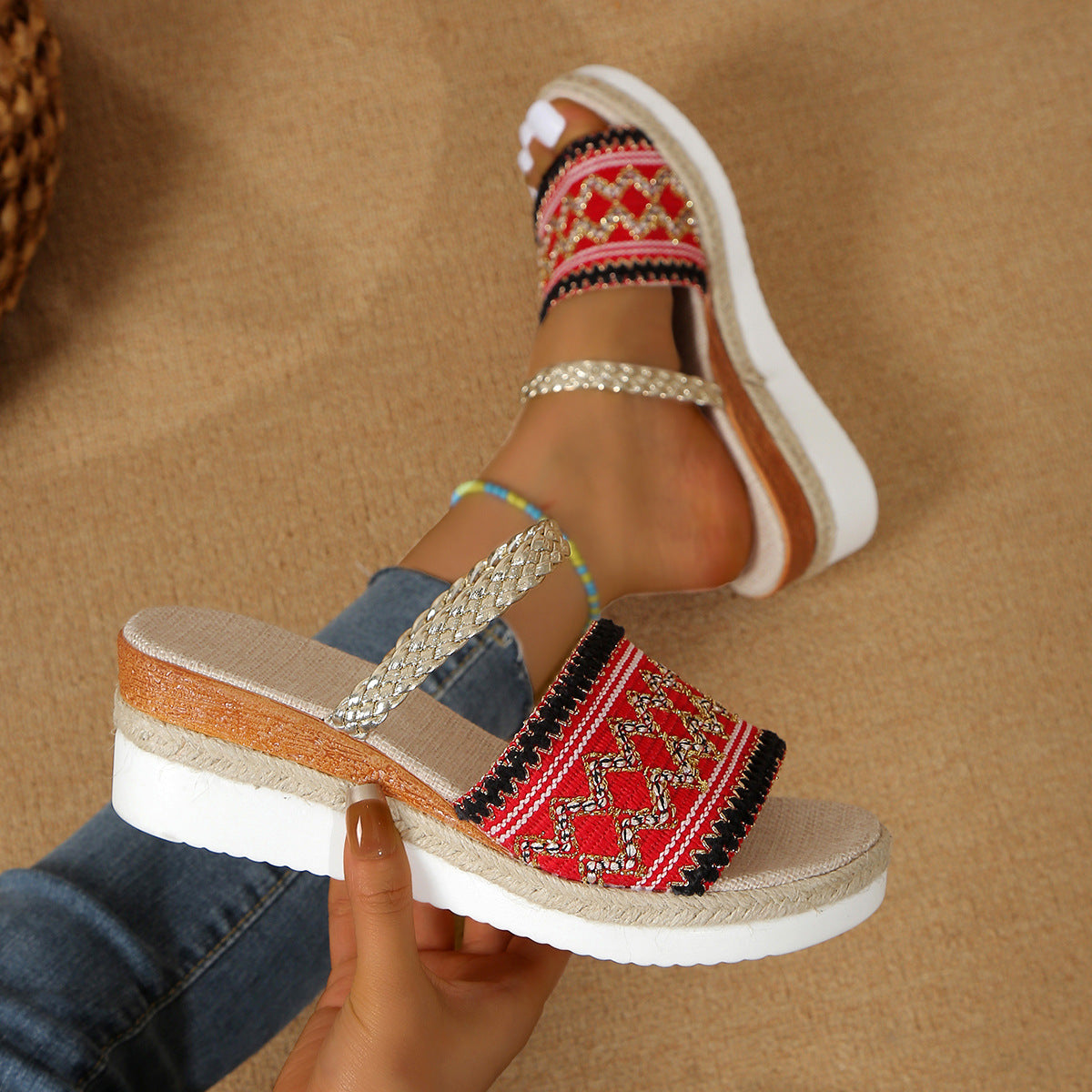 Lina - Sandalias de Cuña de Verano con Diseño de Ondas en Bloques de Color | Zapatillas de Estilo Étnico para Mujer