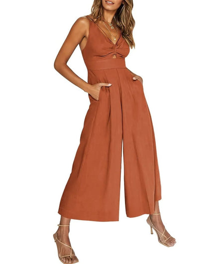 Mono elegante sin mangas con escote en V y pernera ancha – BRIGITTA