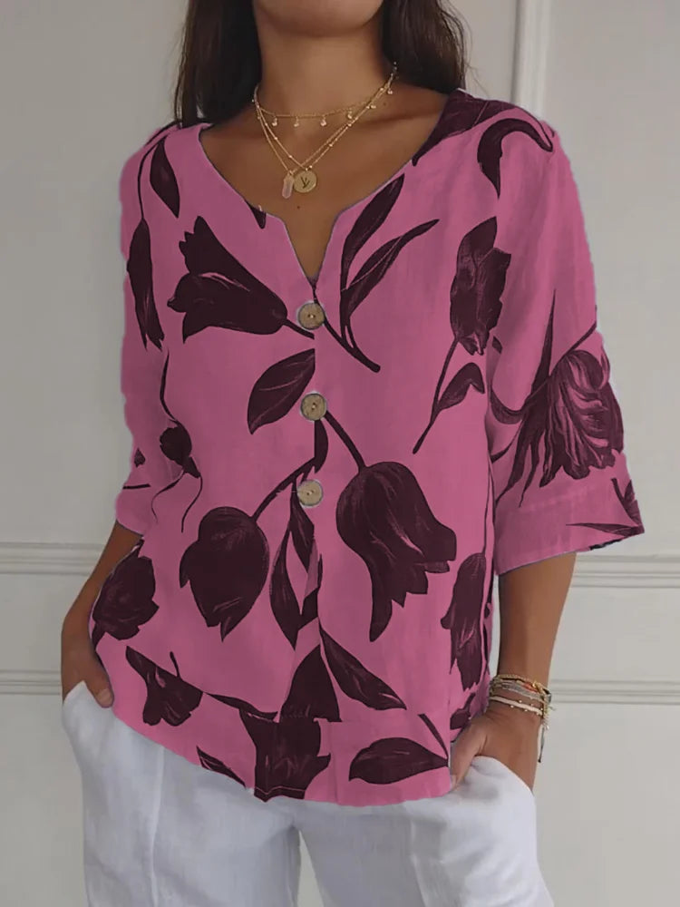 Blusa de flores con botones decorativos y manga 3/4 – FLORIANA BLOOM