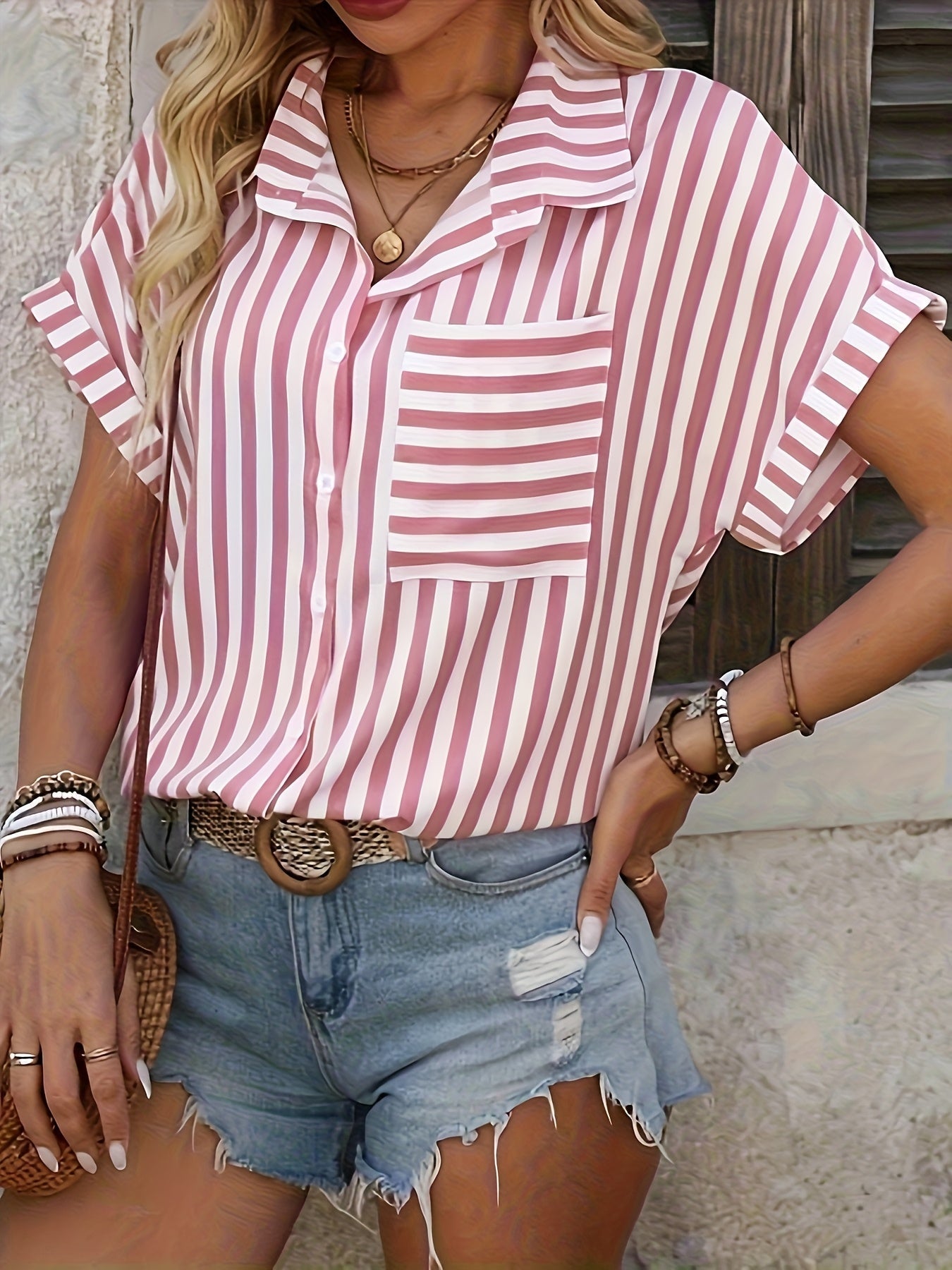 Blusa de mujer con manga corta y detalles de rayas – WENDY