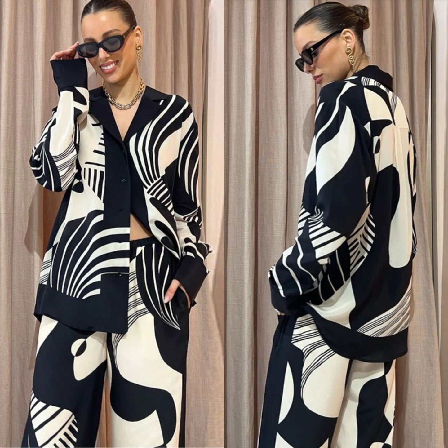 Tabita - Conjunto de Dos Piezas Camisa Manga Larga Con Botones y Pantalón Pierna Ancha Primavera Vernano Con Estampado Primavera Verano Para Mujer