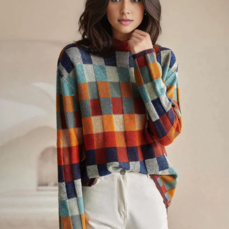 ADALYRA – Jersey de mujer con cuello alto y diseño patchwork colorido