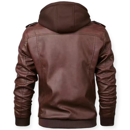 FABIO - Chaqueta de cuero con capucha y cremallera para hombre
