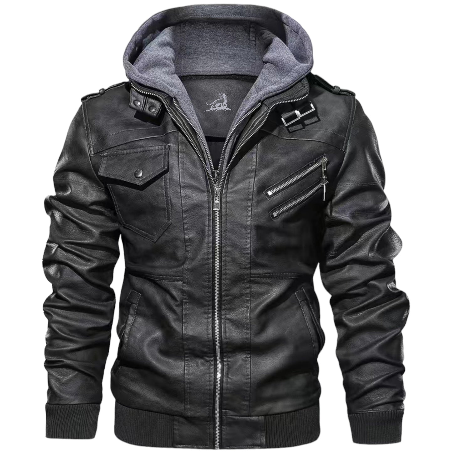 FABIO - Chaqueta de cuero con capucha y cremallera para hombre
