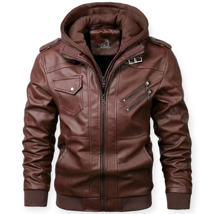 FABIO - Chaqueta de cuero con capucha y cremallera para hombre